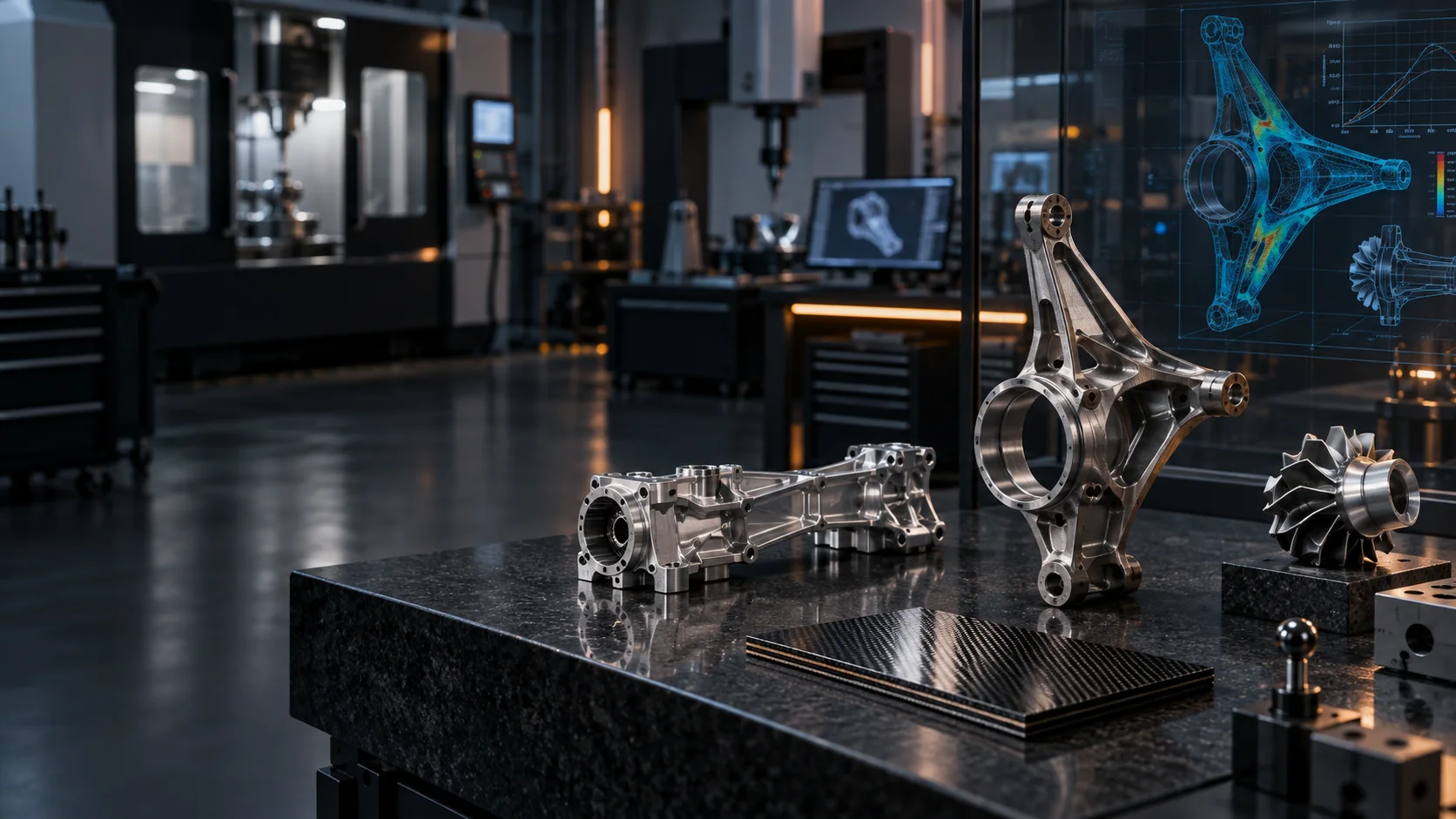 Unbranded precision motorsport components, carbon fiber and engineering data in an advanced manufacturing lab