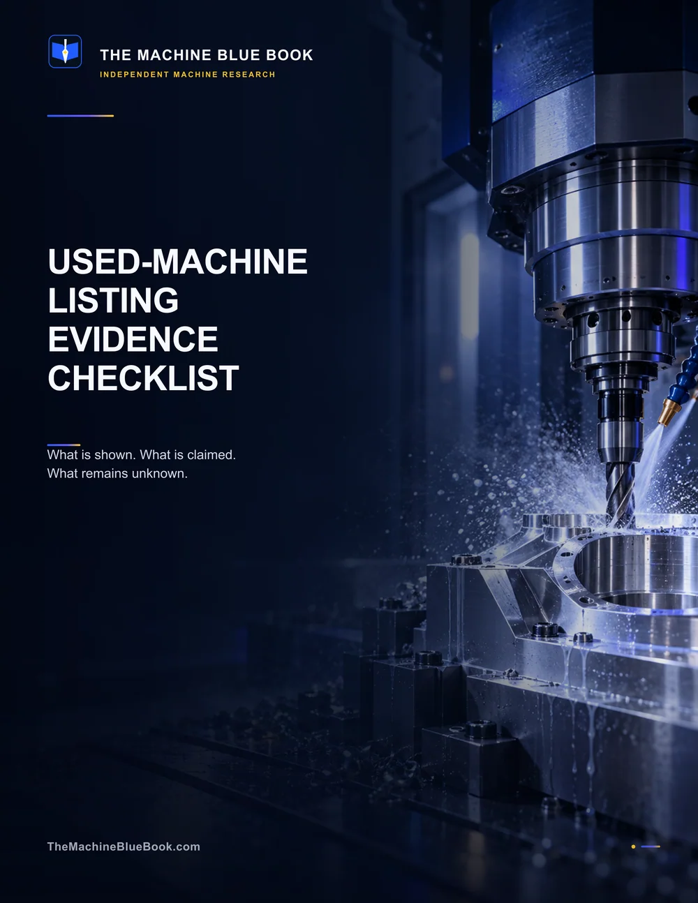 Machine Blue Book Used-Machine Listing Evidence Checklist cover with a precision CNC machining center.