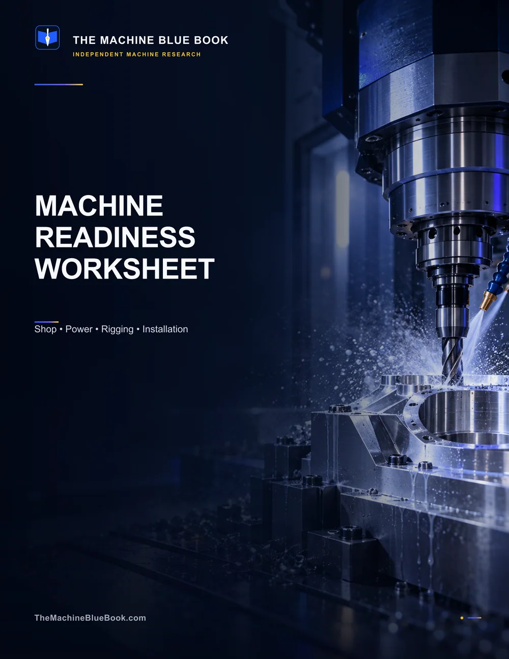Machine Blue Book Machine Readiness Worksheet cover with a precision CNC machining center.