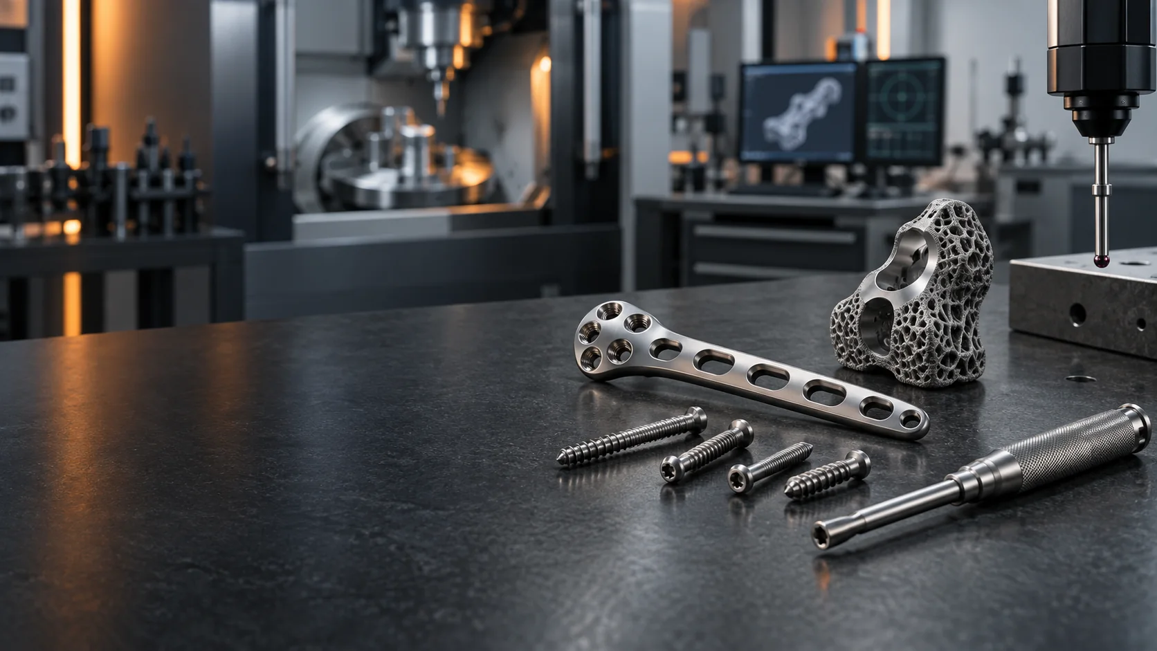 Precision manufactured orthopedic plate, screws, surgical instrument and porous metal component in a modern inspection lab
